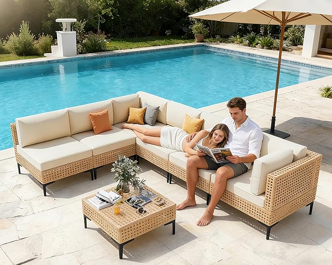 ABCASA Patio Furniture Set, 110" Large 7-Piece Wicker Outdoor Patio Furniture Sets with Anti-Slip Cushions & Coffee Table,Boho Patio Conversation Set Sectional Sofa for Backyard,Porch,Beige