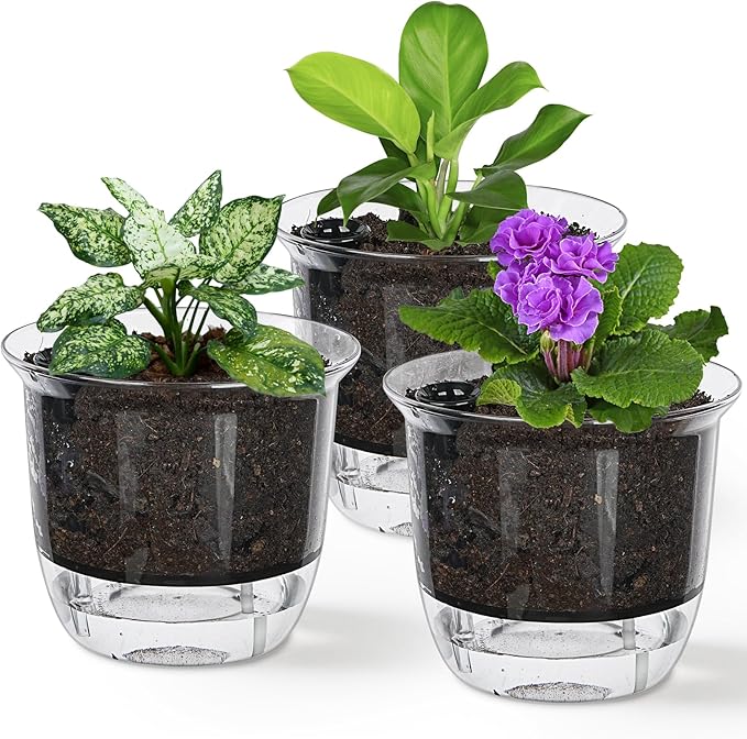 Self Watering Pots, 3 Pack 6.5/5/4 Inch Clear Plant Pot Self Watering Planter Flowers Pot with Deep Reservoir for Indoor Plants (3 Medium)
