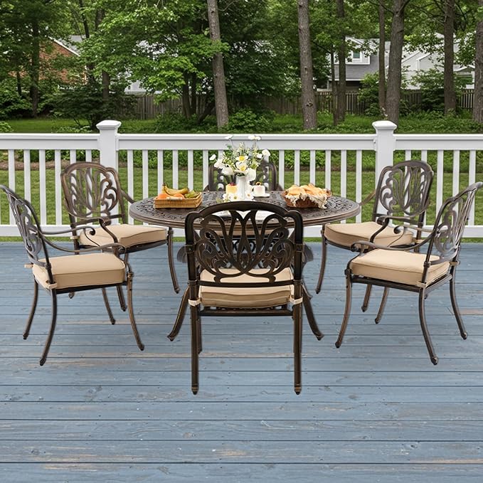 7-Piece Cast Aluminum Patio Furniture, Outdoor Dining Sets for 6 Include 54" Round Patio Dining Table and 6 Stackable Chairs with Cushions & Umbrella Hole (Bronze)