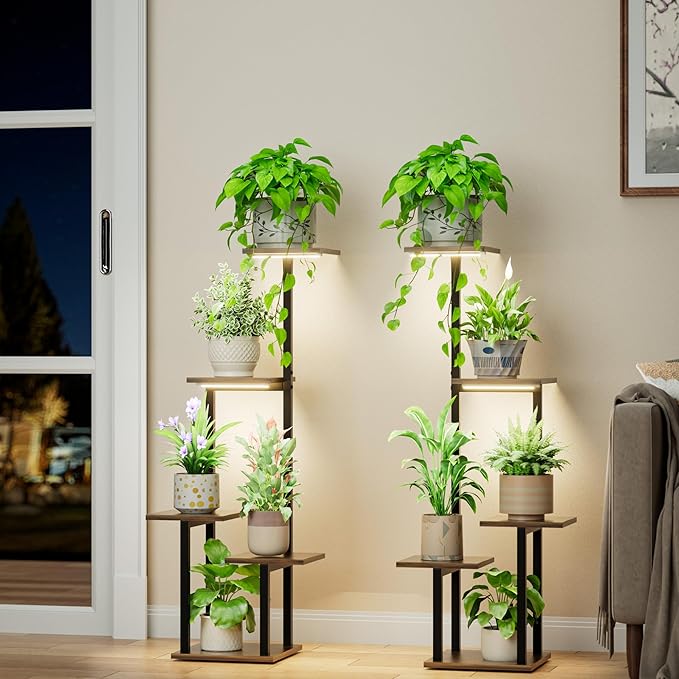 LATIBELL Plant Stand Indoor with Grow Light - 2 Pack Metal Plant Shelf for Indoor Plants Multiple, 5 Tiered Corner Plant Stand Shelves, Plant Rack Display Flower Holder for Living Room Patio Balcony