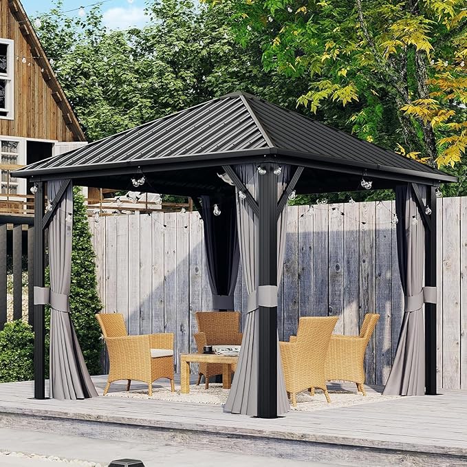 Aoxun Hardtop Gazebo 10x10, Aluminum Frame Canopy with Galvanized Steel Roof, Outdoor Gazebo with Breathable Netting and Privacy Curtain for Backyard