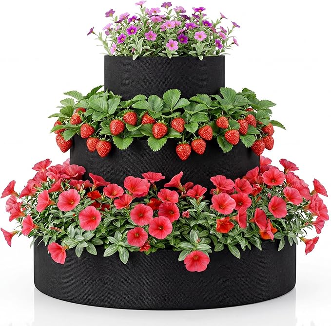 3 Tiered Strawberry Planter for Outdoor Plants, 23.6 Inch Heavy Duty Strawberry Garden Planter Grow Bags, Breathable Non Woven Fabric Raised Garden Bed for Vegetables Flower Herbs Gardening