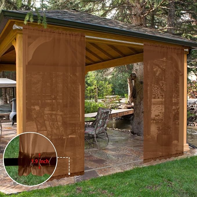 SpaceDresser Waterproof Outdoor Sheer Curtains for Patio - 2 Panels Rod Pocket Indoor Voile Sheer Curtain for Living Room,52W x 84L inch, Brown