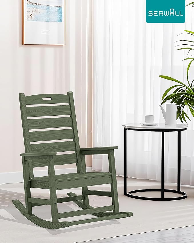 SERWALL Outdoor Rocking Chair Set of 4, Oversized HDPE Patio Rocking Chair with Footrest for Adults, All Weather Porch Rocker for Deck Patio Balcony, Avocado Green