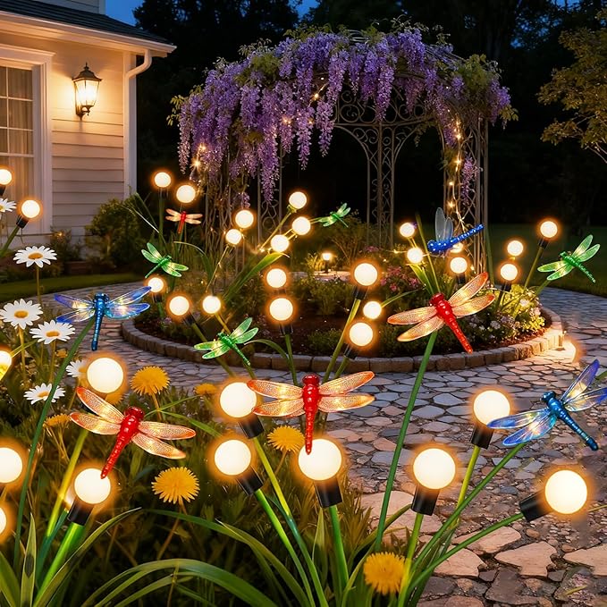 Solar Garden Lights Outdoor - 4 Pack Dragonfly Solar Swaying Light, Sway by Wind, Firefly Lights Outdoor Yard Patio Pathway Decoration, Big Bulb, High Flexibility Iron Wire & Realistic Dragonflies