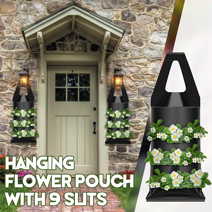 10 Pcs Hanging Flower Pot Bag with 9 Slits Hanging Grow Bags Flower Planting Bag Handle Grow Pouch Planter for Outdoor, Wall, Garden, Plant, Tomato, Strawberry