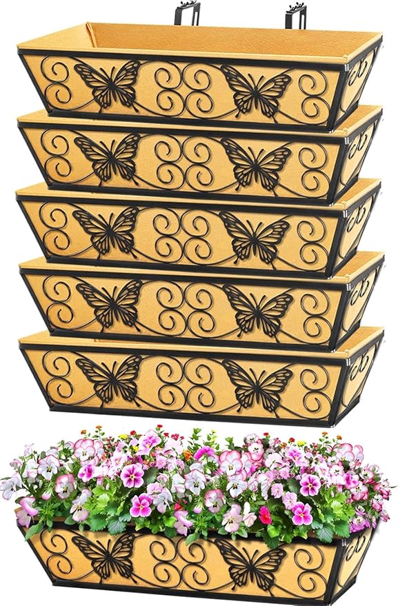 6 Pack 24 Inch Window Boxes Planters Railing Planter Box with Adjustable Brackets for Porch Fence Patio Balcony Hanging Flower Baskets with Woven Fabric for Outdoor Garden Decor - Black