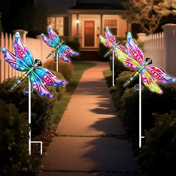 Hexagram Dragonfly Garden Decor, Dragonfly Garden Stakes Set of 2, Gardening Gifts Solar Stake Lights Decorations, Light for Patio Yard Lawn Home Pathway Decor