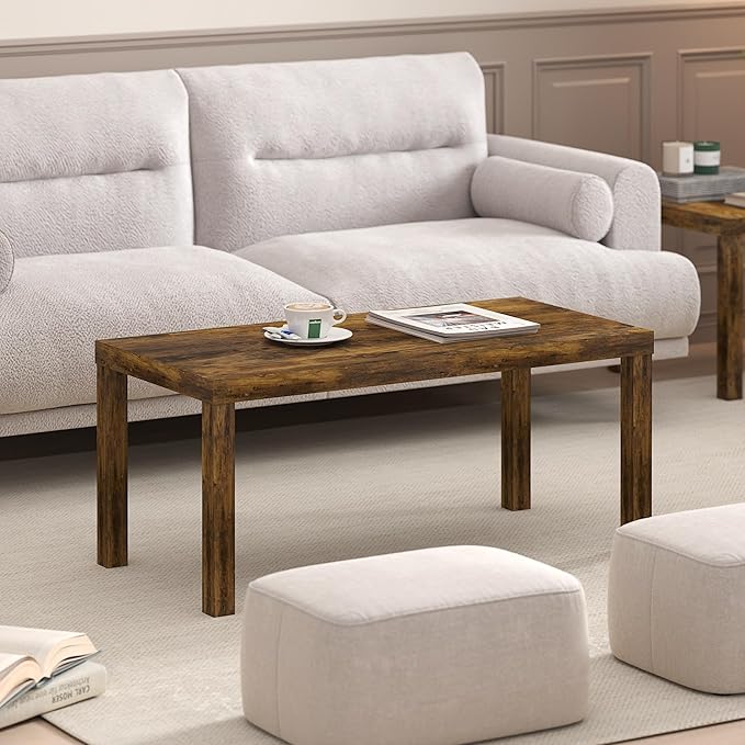 Furinno Classic Coffee Table, Modern Rectangle Coffee Table with 1.8" Triple Thick Tabletop, Side Table, Toolless Assembly, for Living Room, Home Office, Amber Pine