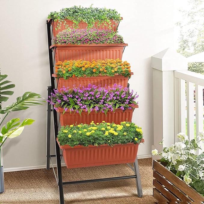 SEJOV 2 Pack Vertical Raised Garden Bed, 5 Tiers Elevated Planter Box for Herbs Vegetables Flowers, Graden Vertical Planter w/Drainage System for Patio Balcony Garden Outdoor Indoor Plants, Dark Red