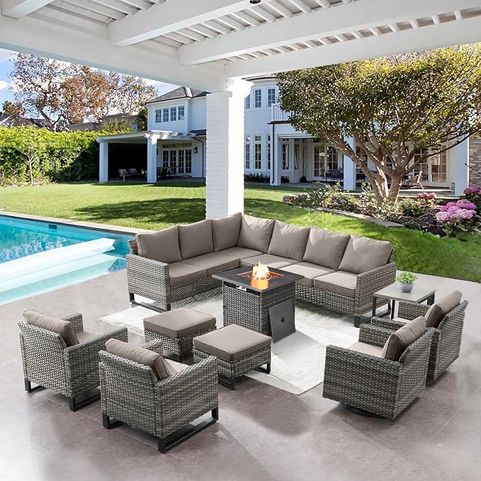 Patio Sectional Furniture Set with Fire Pit Table: 10 Pieces Wicker Patio Conversation Set with L Shaped Sofa, Outdoor Swivel Glider Rocker, Rattan Club Chairs, Ottomans, Removable Cushions Grey