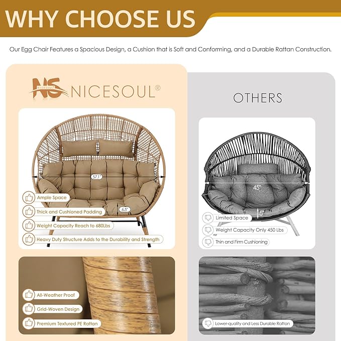NICESOUL Double Egg Chair with Footstools & Cushions, Oversized Wicker Boho Chair Extra Large with Footrests Stationary 2 Person Loveseat Comfort Deep Seating for Indoor Outdoor