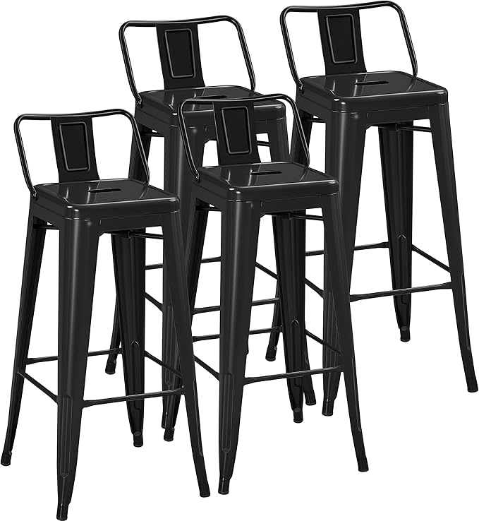 Yaheetech Bar Stools Set of 4, Metal Counter Height Chairs, 30 Inch Industrial Kitchen Stools with Backrest and Footrest for Indoor/Outdoor, Matte Black