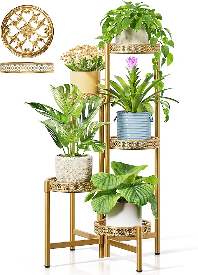 Tall Plant Stand Indoor Outdoor, Corner Metal Flower Pot Stands for Multiple Plants, 5 Tier Heavy Duty Plant Shelf for Patio Garden Balcony Living Room Bedroom - GoldWave