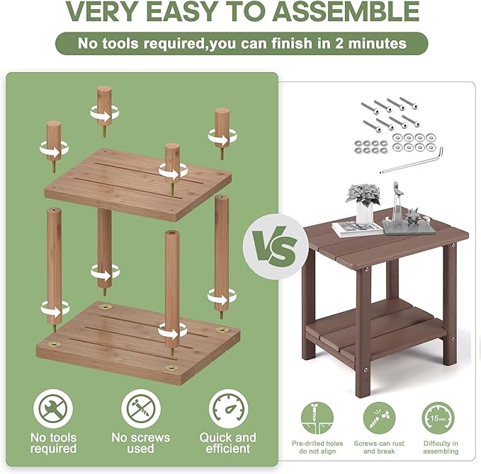 Outdoor Side Table, 2-Tier Small Outdoor Table for Patio, Adirondack Side Tables for Outside or Indoor, Bamboo End Table for Pool, Porch, Weather Resistant Easy Maintenance