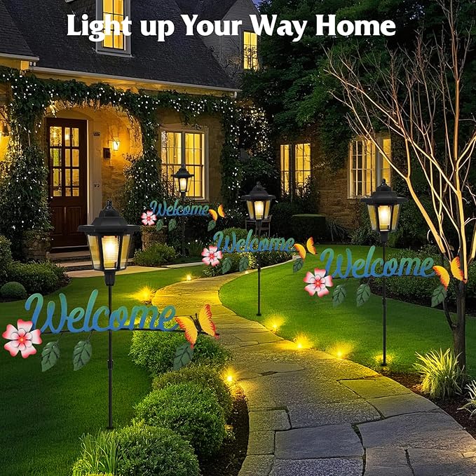 Lewondr Solar Garden Lights Butterfly, 36.6 Inch Solar Lamp Post Light with Welcome Sign & Butterflies, Outdoor Waterproof Solar Stake Lights for Yard Porch Patio Pathway Gardening Gifts, 2 Pack