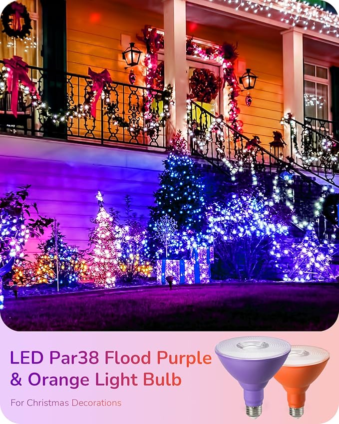 EDISHINE PAR38 Purple & Orange LED Flood Light Bulbs Outdoor, Dimmable LED Light Bulb, 18W(120W Equivalent), Outdoor Weatherproof Light Bulb for Party, E26 Base, 2 Pack