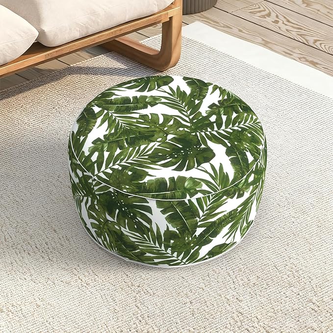 LVTXIII Indoor/Outdoor Extra Large Inflatable Ottoman Pouf D31 x H14 Inch, Round Footstool with Handle, Weather-Resistant Portable Furniture for Patio, Camping, Beach, Palm Green