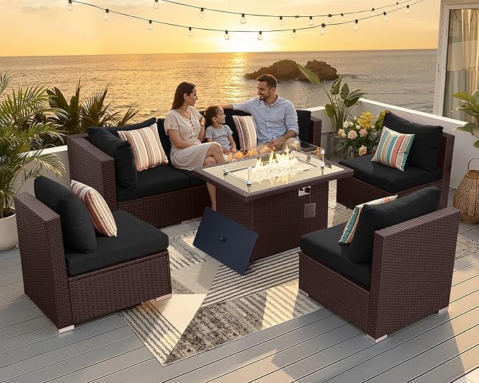 NICESOUL 7 Piece Outdoor Patio Furniture Set with Fire Pit Table Natural Gas/Propane, Tall Wide Deep Sectional Couch Sofa for Outside, 29.3'' High Back Backyard Sitting, Brown Rattan and Black Cushion