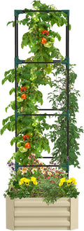 Outsunny Galvanized Raised Garden Bed, 73.5" Tall Outdoor Planter Box with Trellis Tomato Cage and Open Bottom for Climbing Vines, Vegetables, Flowers in Backyard, Garden, Patio, Cream