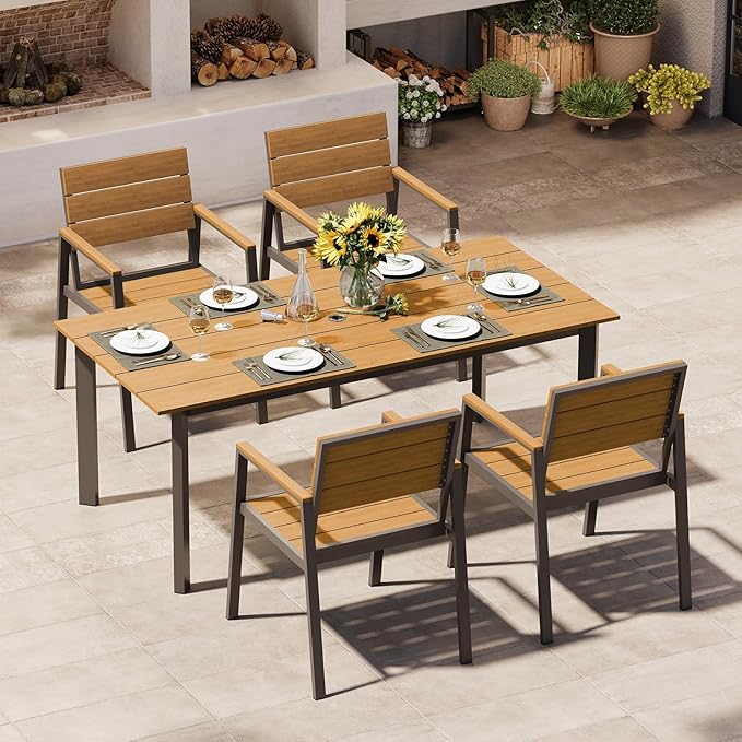 Outdoor Dining Set for 4, Aluminum Patio Table and Chairs Set with Umbrella Hole, 5 Piece HDPS Outdoor Furniture Set for Patio, Garden (Gray & Teak)