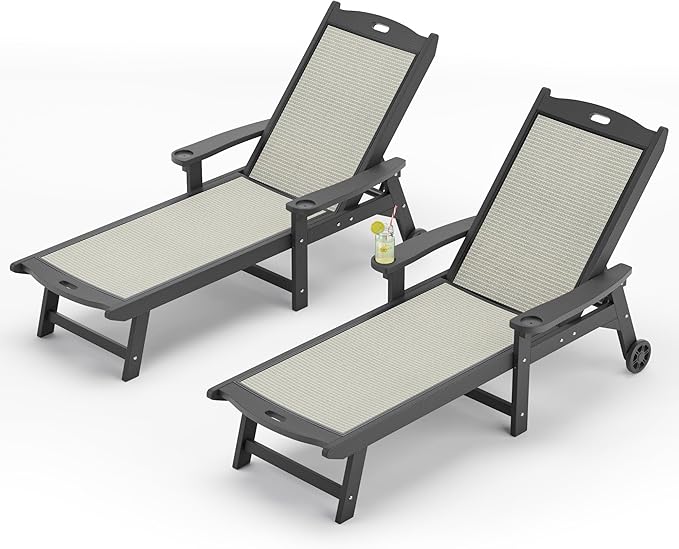 LUE BONA Chaise Lounge Chair Outdoor Set of 4, HDPS and HDPE Wicker Material, Patio Lounge Chair with Adjustable Backrest, Resin Pool Lounge Chairs with Wheels for Backyard, Poolside and Deck
