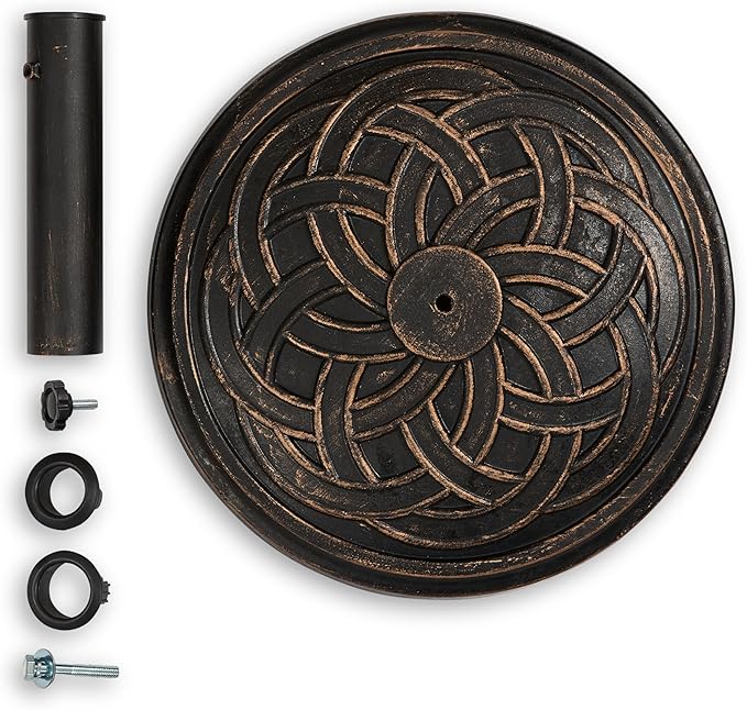 Backyard Expressions 26.5 lb Round Heavy Duty Patio Umbrella Base – Weather Resistant Calcium Carbonate Resin with Bronze Weave Design – Fits 1.5" to 2" Poles, Easy Assembly, UV & Fade Resistant