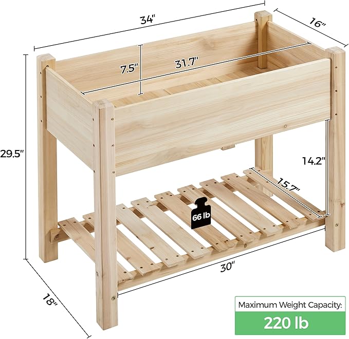 Yaheetech 34x18x30in Horticulture Raised Garden Bed 2pcs Planter Box with Legs & Storage Shelf Wooden Elevated Vegetable Growing Bed for Flower/Herb/Patio/Balcony, Natural Wood