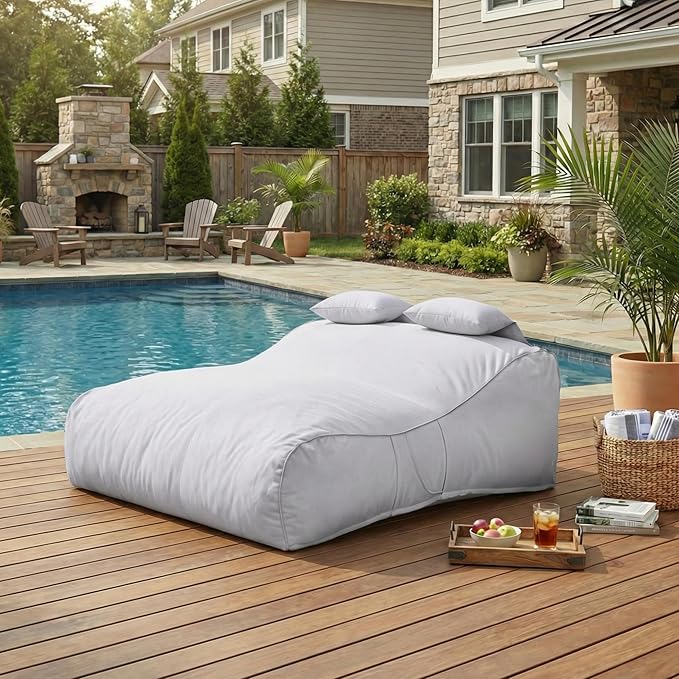 Merax Outdoor Bean Bag Chair Sun Lounger for 2 Adult, 73" Big Comfy Outdoor Bean Bag Daybed Couch with Headrest, Water-Resistant Fabric Patio Chaise Lounger Chair for Pool Balcony Beach Deck, Gray