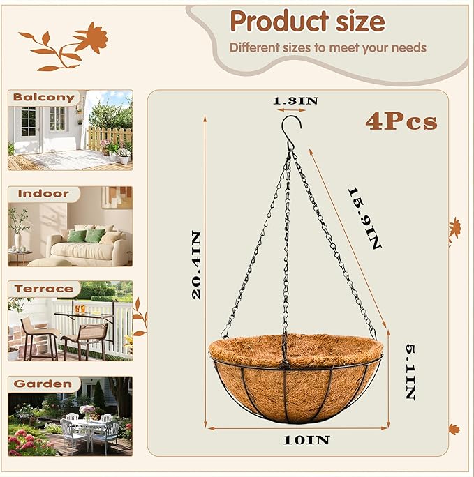 Metal 10 inch Round Planter, 4 Pack Hanging Wire Basket with Coco Fiber Liners, for Outdoor Plants Decoration