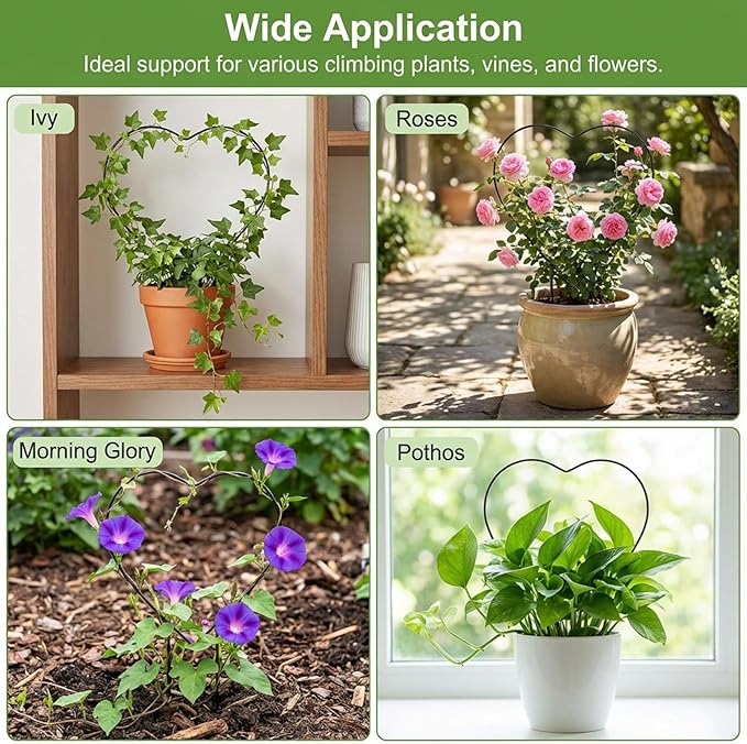 2 Pcs Heart Shaped Plant Trellis Indoor with 100 Plant Twist Tie Pothos Plants Climber Support Heart-Shaped Trellis Iron Heart Trelli Black Durable Houseplant Hearts Trelli for Potted Vines and Flower