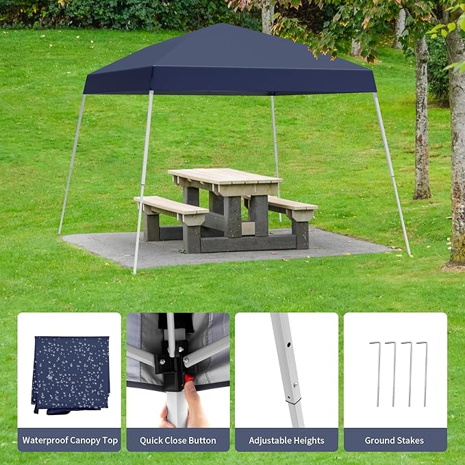 Canopy Tent, 10X10 FT Pop Up Canopy Outdoor Instant Tent Slant Legs with Carrying Bag, Portable Gazebo Shelter for Patio Deck Garden and Beach - 8X8 FT Canopy Cover (Dark Blue)