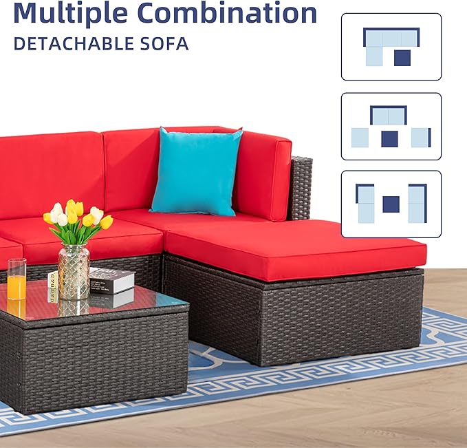 Vongrasig 5 Pieces Small Patio Furniture Sets, All-Weather Outdoor Sectional Patio Sofa Wicker Rattan Patio Seating Sofas with Cushion and Glass Table (Red)