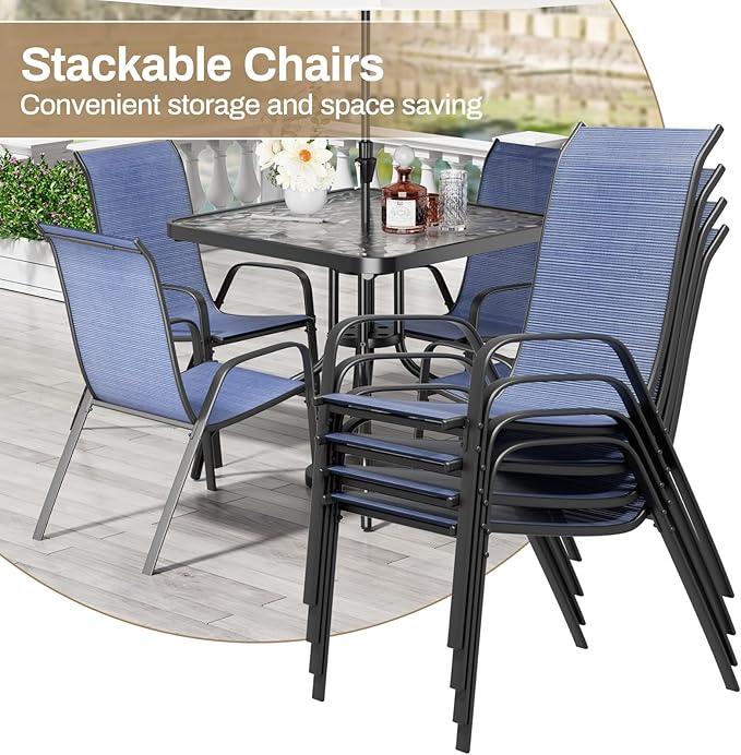 TLSUNNY Patio Dining Set 5 Pieces, All Weather Outdoor Furniture W/30"X 30" Table and 4 Stackable Textilene Chairs, Metal Table and Chairs for Lawn, Garden, Poolside, Backyard (Umbrella not Included)