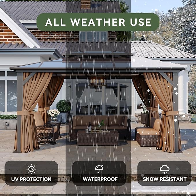 Aoxun 10'x14' Hardtop Gazebo, Aluminum Frame Permanent Pavilion with Curtains and Netting, Outdoor Polycarbonate Double Roof Canopy, for Patio, Garden, Lawn, Brown
