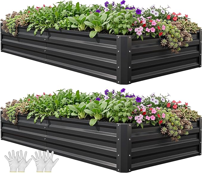 YITAHOME 6x3x1ft 2pcs Large Raised Garden Bed Kit, Galvanized Metal Planter Box with Gloves, Ground Nails, Support Rod, Outdoor Above Ground Planters for Plants Vegetables Flowers, Black