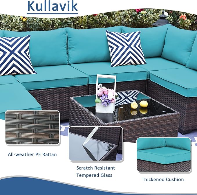 Kullavik 7 Pieces Outdoor Patio Furniture Set PE Wicker Rattan Sectional Sofa Patio Conversation Sets,Blue