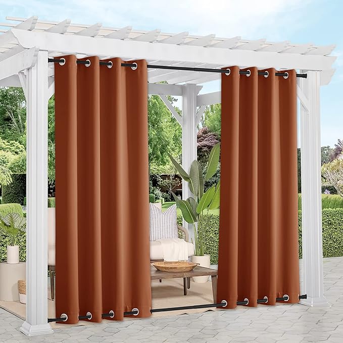 NICETOWN Outdoor Curtains Waterproof & Windproof, Thermal Insulated Top and Bottom Rustproof Grommet Heavy Weight Sunlight Block Patio Drapes, Burnt Orange, 52 x 95 inches