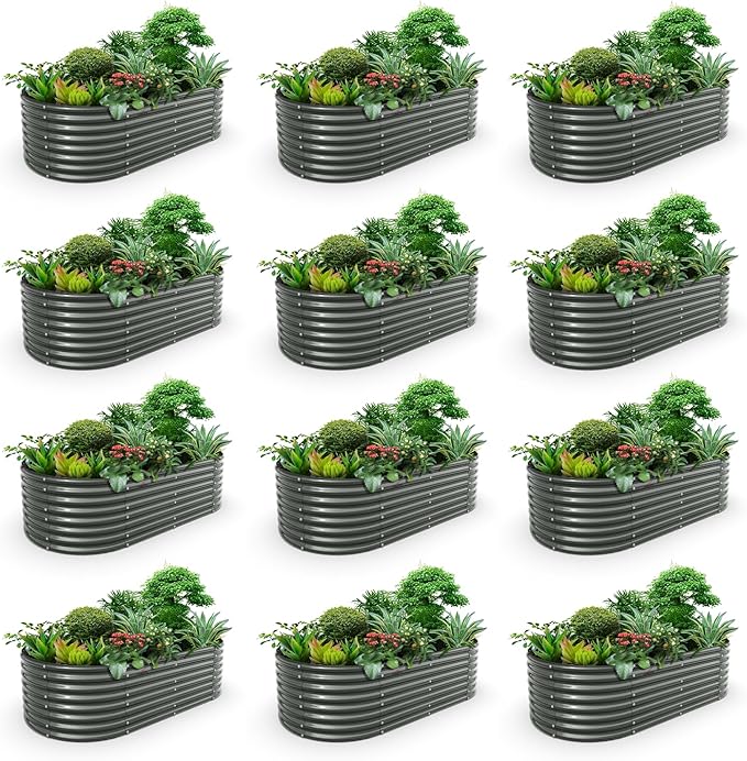 A ANLEOLIFE 12-Set 8X4X2 ft Galvanized Raised Garden Bed Kit, Oval Metal Deep Root Planters for Outdoor Plants, Quartz Grey
