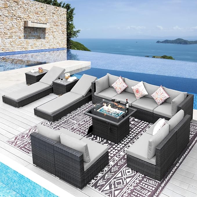 NICESOUL 13 Pcs Patio Set with Fire Pit Table, Modular 10-Seat Wicker Outdoor Sectional with Fire Pit & Chaise Lounge, 500 lbs High Weight Capacity Deep Seated Sectional Couch Set, Light Gray