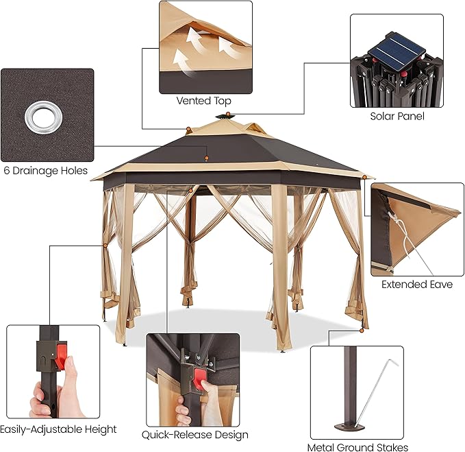 Yaheetech 13×13 Pop-Up Patio Gazebo Tent W/Mesh Netting Sides & 25 Solar LED Lights, Hexagonal Double Vented 3 Height Adjustable Gazebo with Storage Bag for Backyard, Garden, Lawn, Khaki & Brown