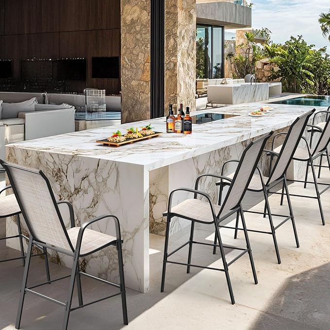 VINGLI Outdoor Bar Chairs Set of 8 – Stackable Outdoor Bar Stools with Sturdy Sling High Back and Armrests for Lawn, Courtyard, Garden, Bar, Yellow