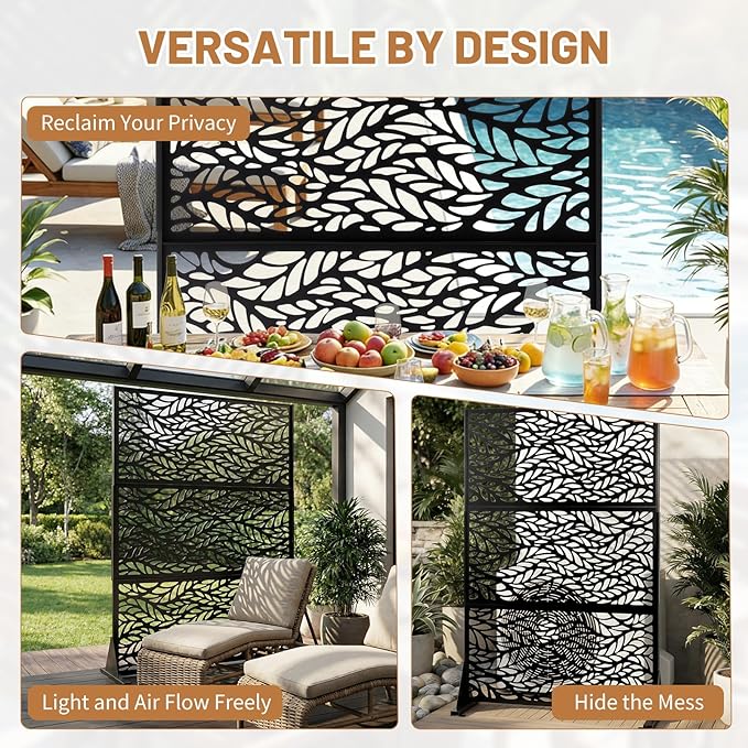VINGLI Privacy Fence Panels, 72H’’ x 47W’’ Metal Privacy Screen Freestanding, Decorative Privacy Panels for Patio Garden Pool, Outdoor & Indoor (Leaf)