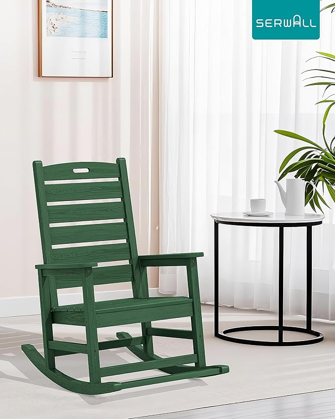 SERWALL Outdoor Rocking Chair, Oversized Rocking Chair with Footrest for Adults, HDPE All Weather Resistant Rocking Chairs for Patio, 350lbs Weight Capacity, Green