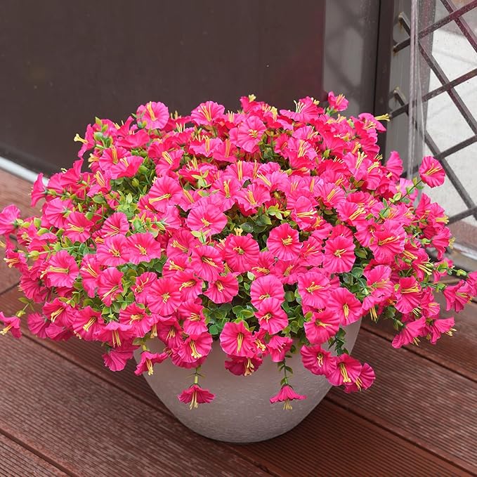 Artificial Flowers for Outdoors, UV Resistant Fake Silk Morning Glory, Realistic Faux Plants for Outside Porch Patio Window Box Hanging Planter (16, Hot Pink)