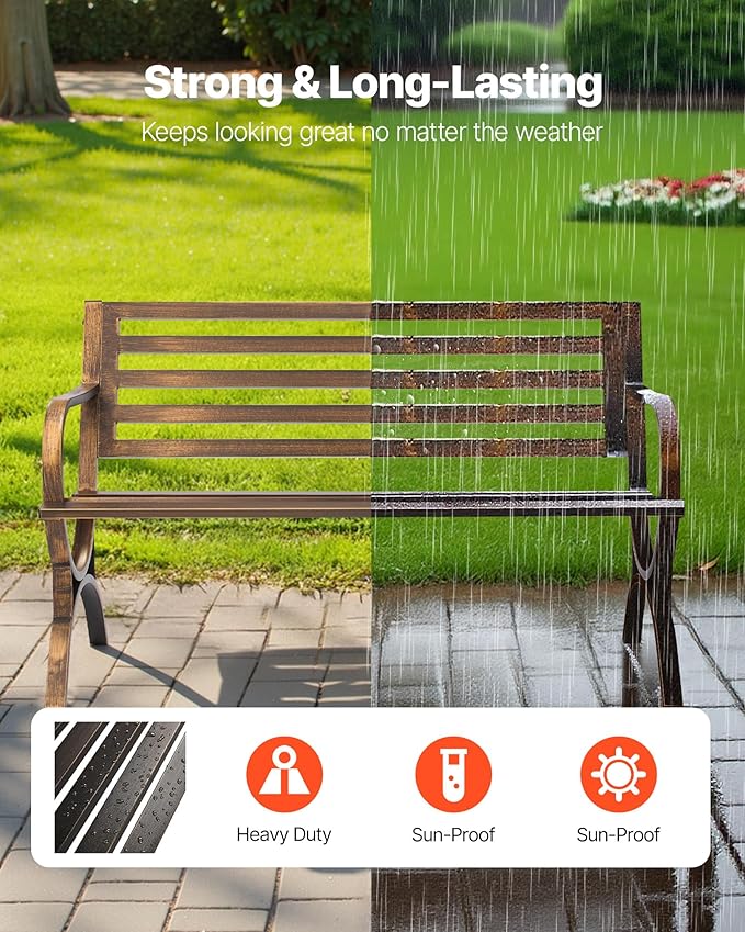 VEVOR Outdoor Bench, 50 inch, Carbon Steel Metal Frame with Slatted Pattern Backrest and Round Edge Armrests, Weatherproof Outside Bench for Patio, Garden, Park, Yard, Front Porch, Antique Bronze
