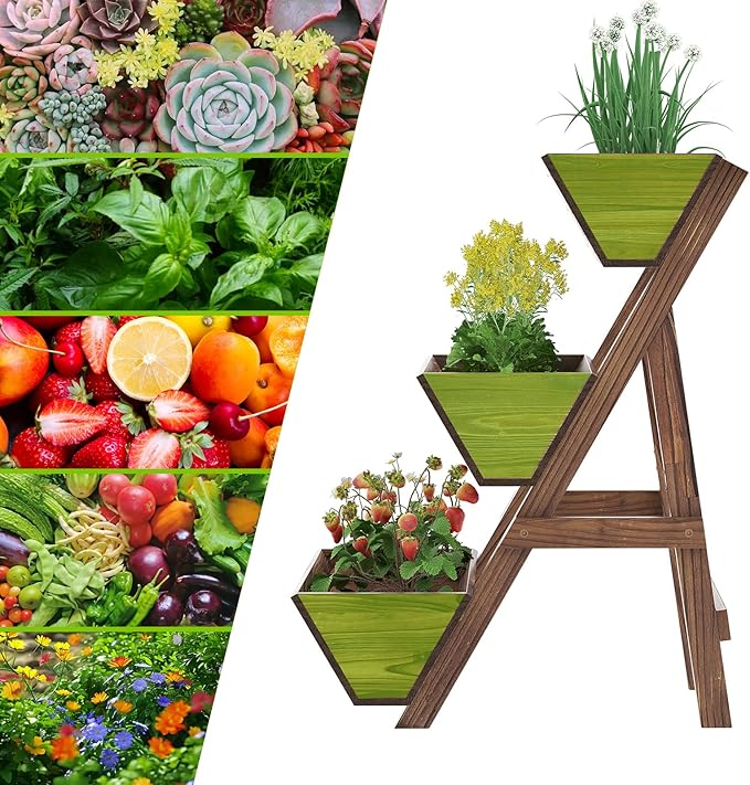 3-Tiers Wooden Raised Garden Bed Tiered Planter Box Flower Pots Vertical Garden Planter Wood Plant Stand Planter Kit for Vegetables Flowers Herbs for Patio Balcony Freestanding (Carbonized S)