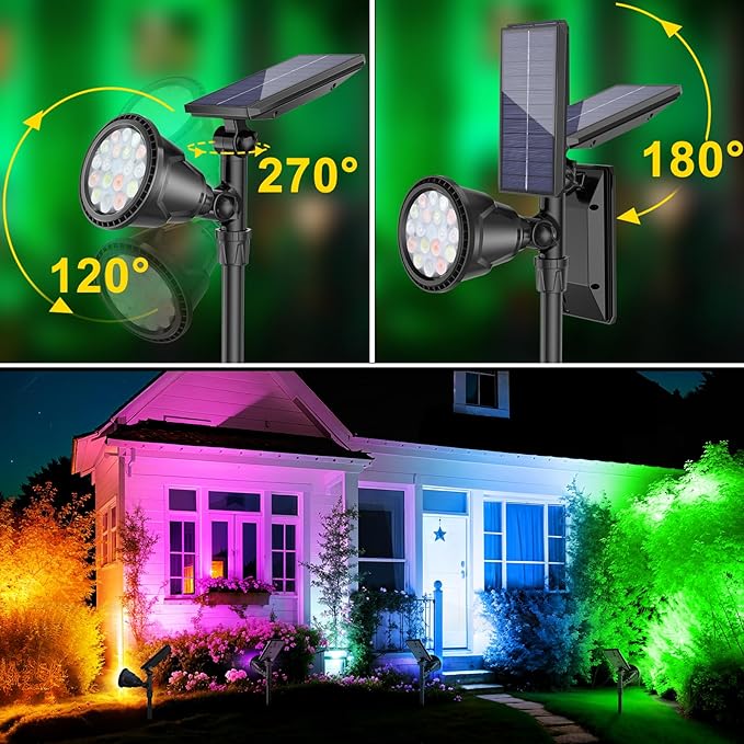 ROSHWEY Solar Spot Lights Outdoor, 7 Colors Halloween Christmas Outdoor Lights Waterproof Landscape Light 600LM Solar Spotlight Lighting for House Backyard Pool Patio Garden Decor- 2 Pack