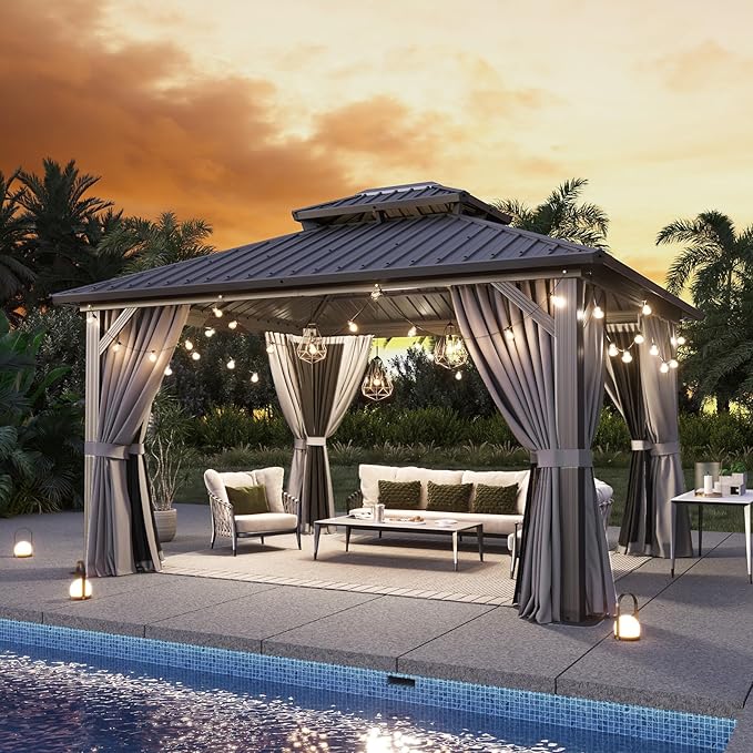 Aoxun 12'x14' Hardtop Gazebo, Aluminum Frame Canopy with Double Galvanized Steel Roof, Outdoor Metal Pavilion with Netting, Curtains for Backyard, Patio and Deck