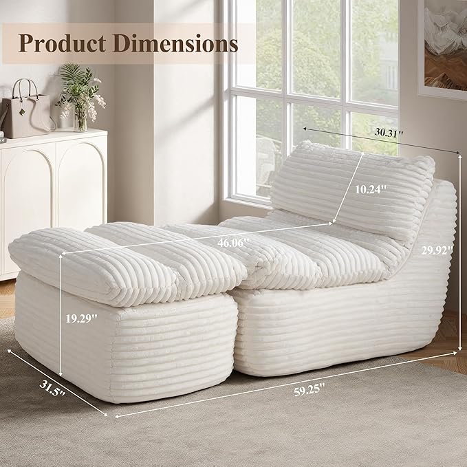 Boneless Chaise Lounge Chair Indoor, Adult Bean Bag Chair with Compressed Memory Foam, Comfy Back Support Sofa Bed Couch for Living Room Bedroom Office Apartment, No Assembly